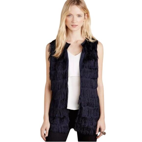 Anthropologie Eva Franco Navy Blue Tiered Eyelash Fringe Layering Vest - Picture 2 of 15